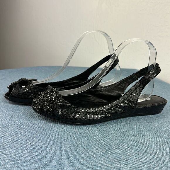 Vera Wang Lavender Label Black Crystal Embellished Peep Toe Slingback Flats Sz 9 - Picture 1 of 9